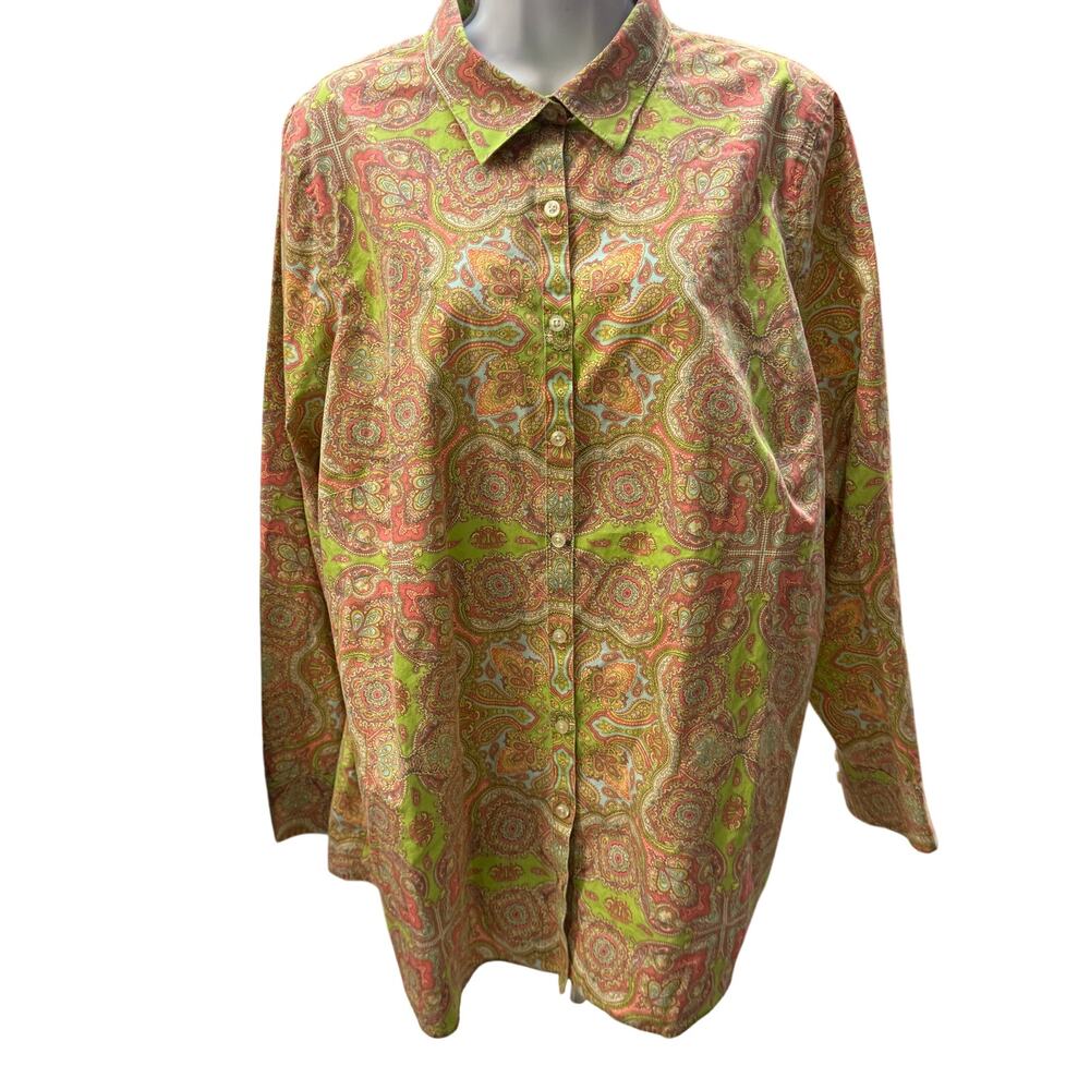 🌿 Lands’ End 22W Women’s Vintage Green Paisley Button Shirt Boho Prep Top